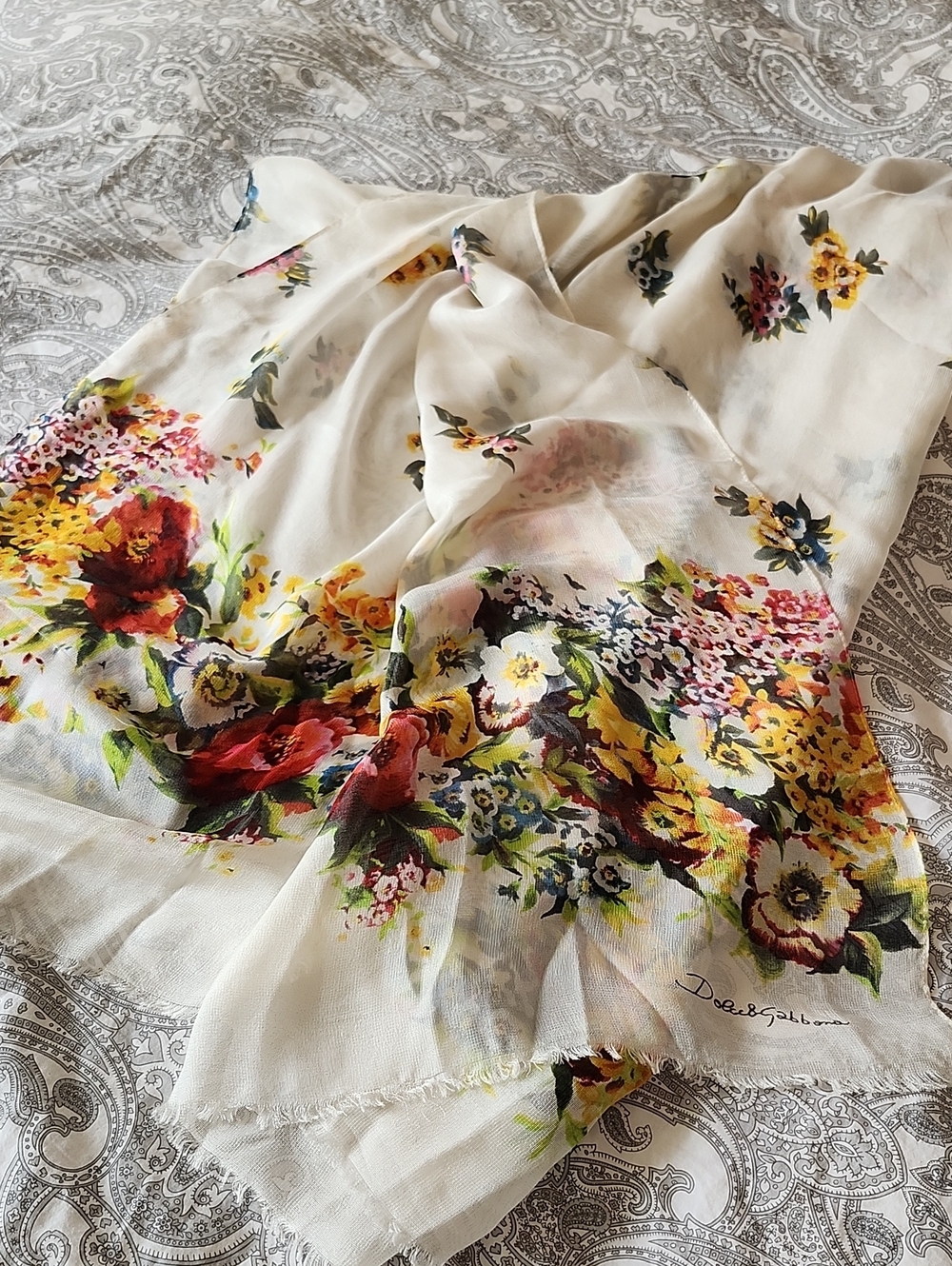 Dolce & Gabbana Vintage Cream 100% Silk Scarf with Multicolor Floral Print